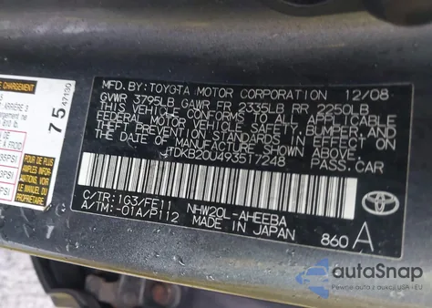 2009 Toyota Prius z USA, uszkodzony, nr VIN JTDKB20U493517248
